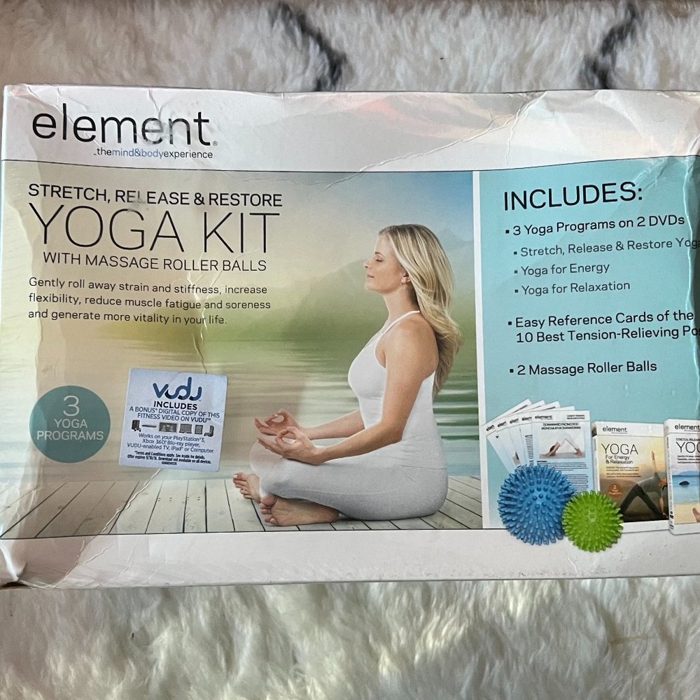 NWT Element Yoga Kit With Massage Balls, DVD's, & Vudu Digital Copies
